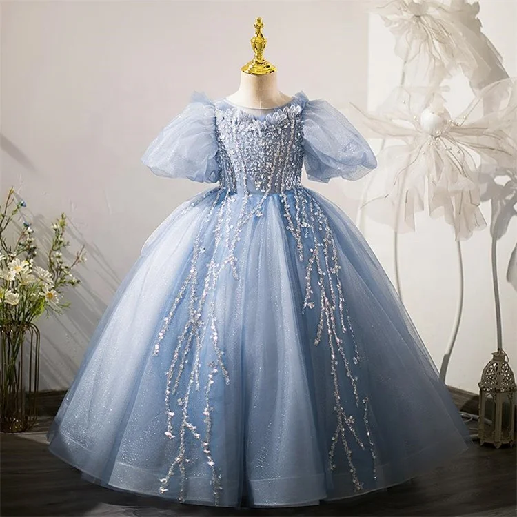 

Wholesale Boutique Sequined Blue Girls Wedding Dresses Toddlers Clothing Kids Pageant Party Long Frock Ball Gown