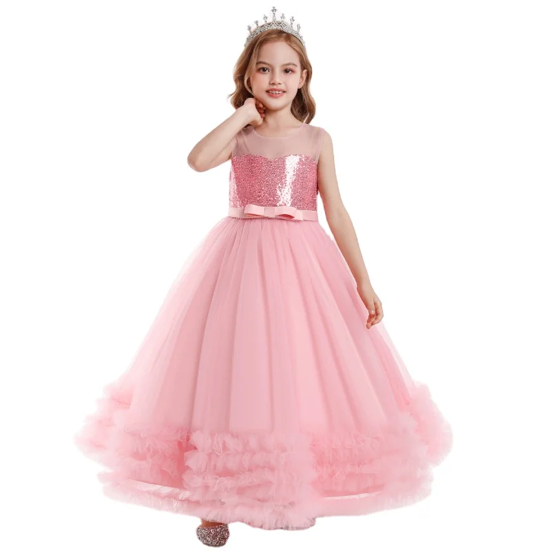 

European style Sequins children party dress Shine big bow Princess big girl dresses for 12 Y girl wedding dress