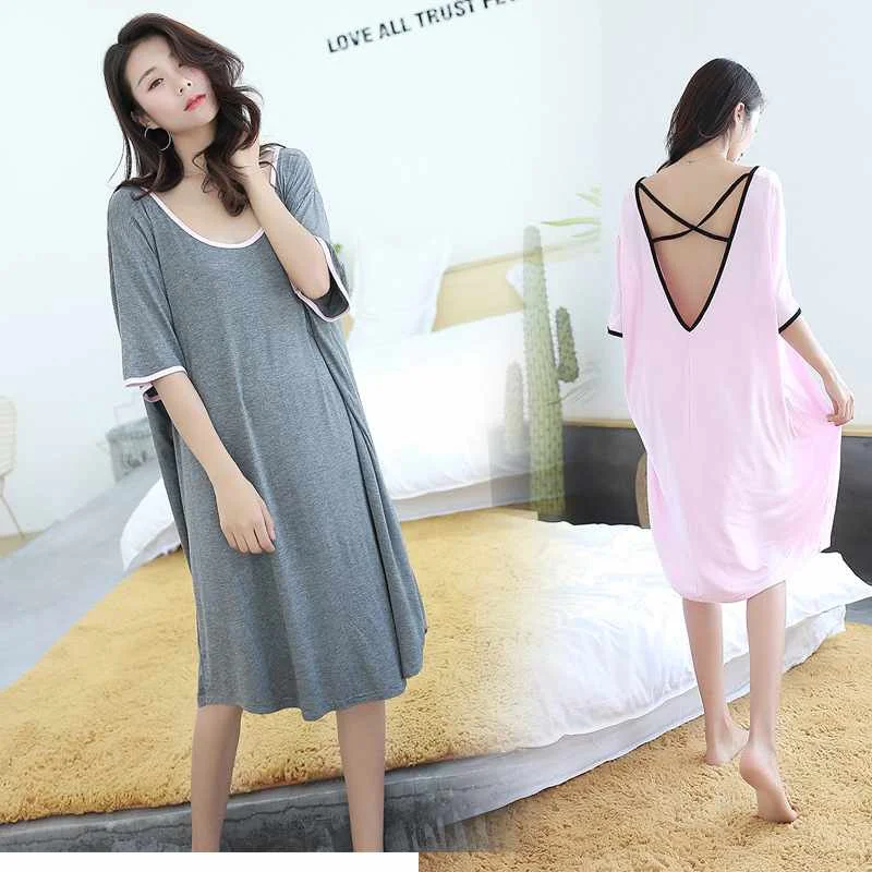 

New large size modal nightdress ladies summer loose short sleeves plus fertilizer increase halter sexy nightdress home skirt