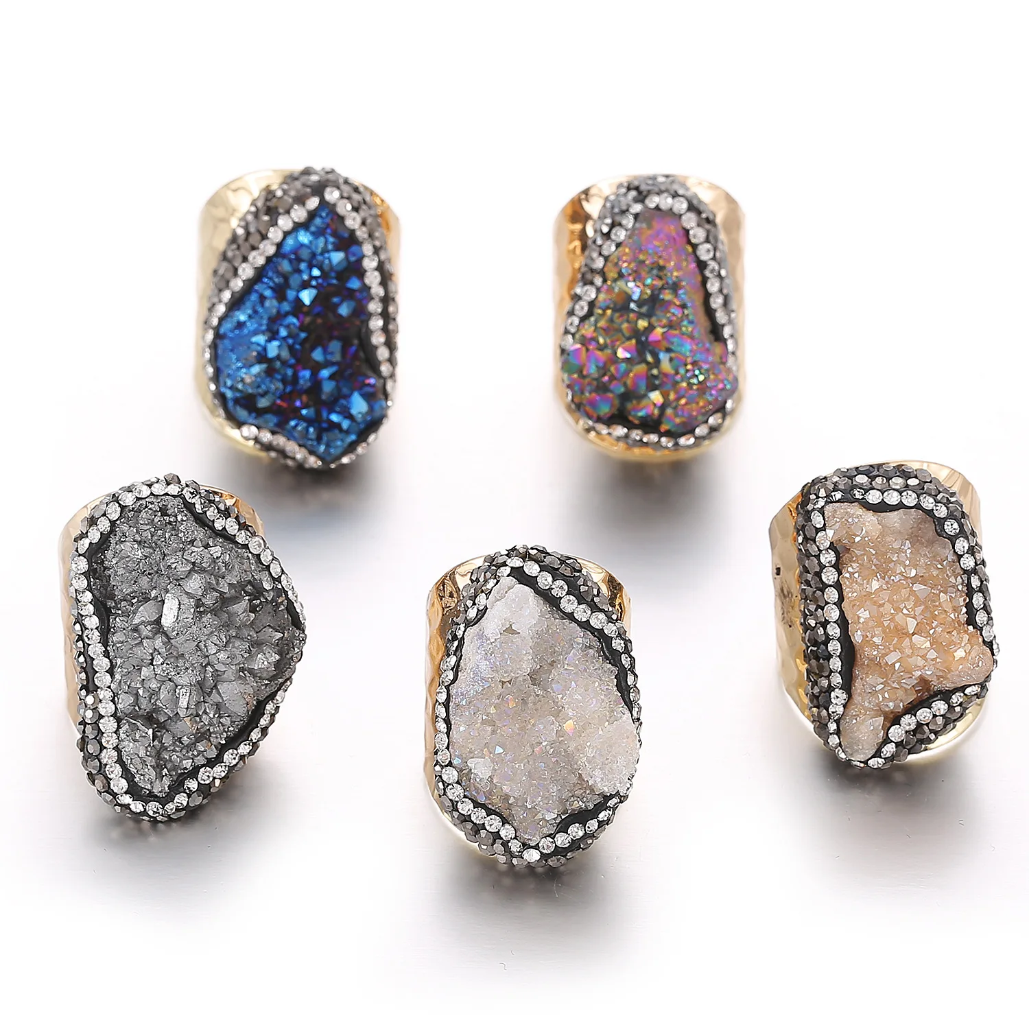 

Wholesale Natural Stone Natural Crystal Cluster Druzy Diamond Ring for Men Women Quartz Gemstone Opening Ring Jewelry
