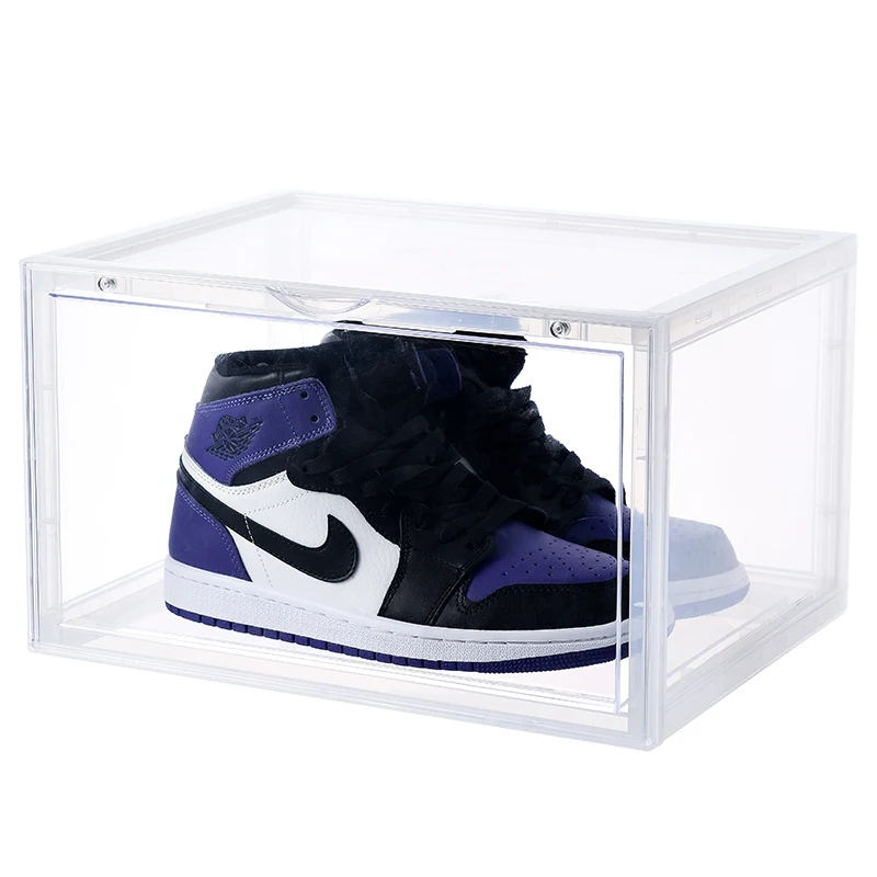 
Side Open Drop Door Steady Stackable Simple Assemble Custom Nike Sneakers Foldable Clear Shoe Storage Box With Magnetic Door 