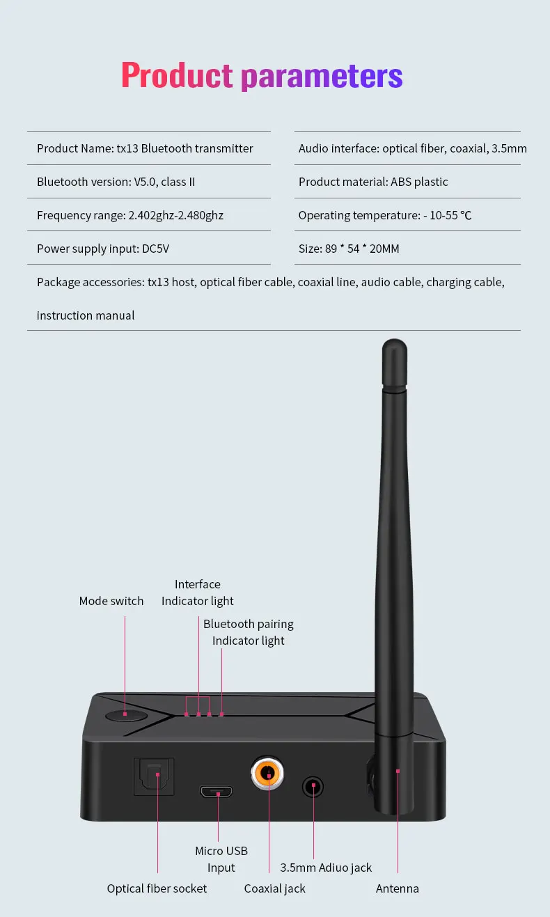 TX13 Bluetooth 5.0 Audio Transmitter 3.5mm AUX Coaxial optical Fiber Jack Stereo Wireless Adapter For TV PC Bluetooth Speakers - ANKUX.COM