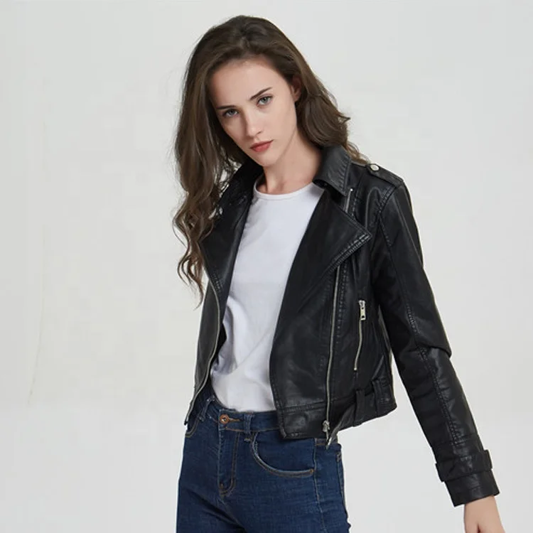 

Fashion Cool Zip Front Black Women PU Leather Jackets for Ladies