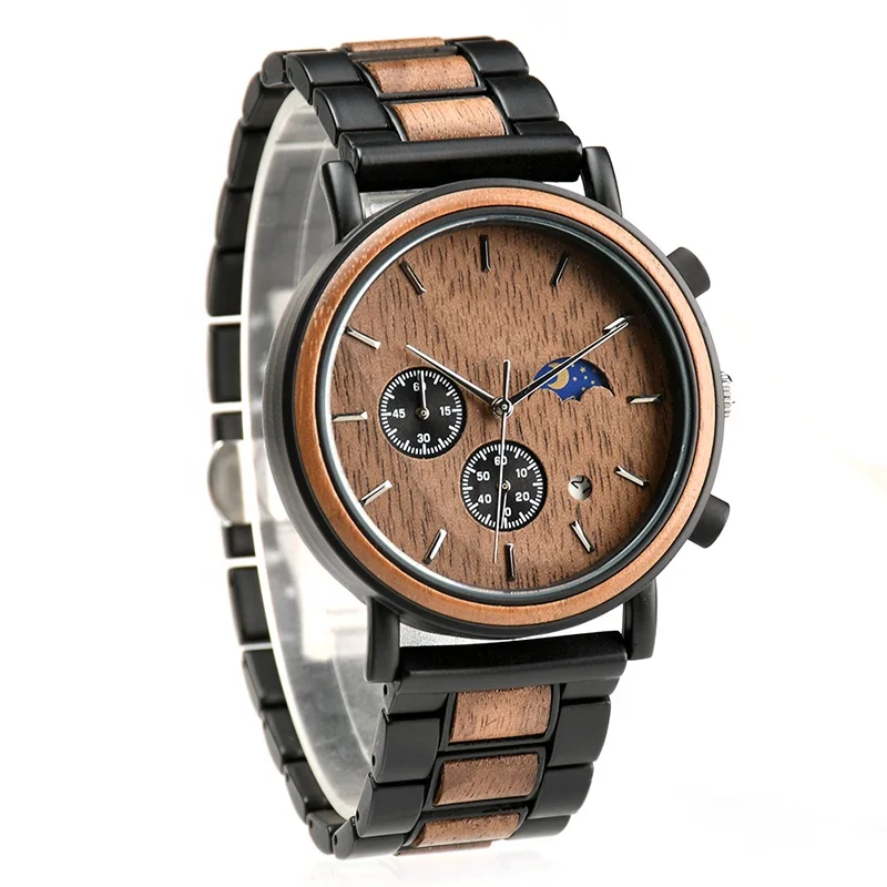 

Brand Vogue Metal Wristwatch Sport Moon Phase Auto Date Feather Stainless Steel and Wood Men Fashion Watch