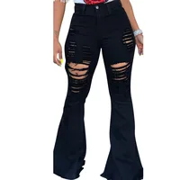 

Latest Design Clothing 2019 Streetwear Black Washed Skinny Bell Bottom Ripped Pants Pantalones Jeans Women