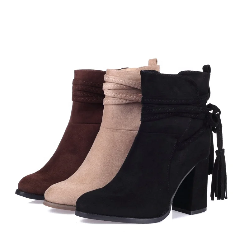 

Autumn and winter 2019 new European and American tassel bandage zipper thick heel 7cm cashmere round head boots women's shoes