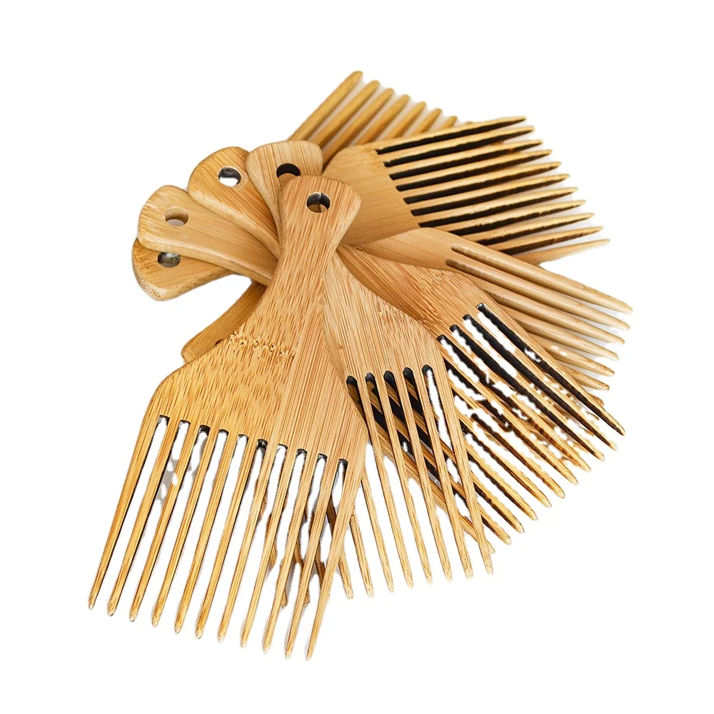 

Wholesale Custom Logo Natural Bamboo Wide Tooth Afro Hair Beard Pick Comb
