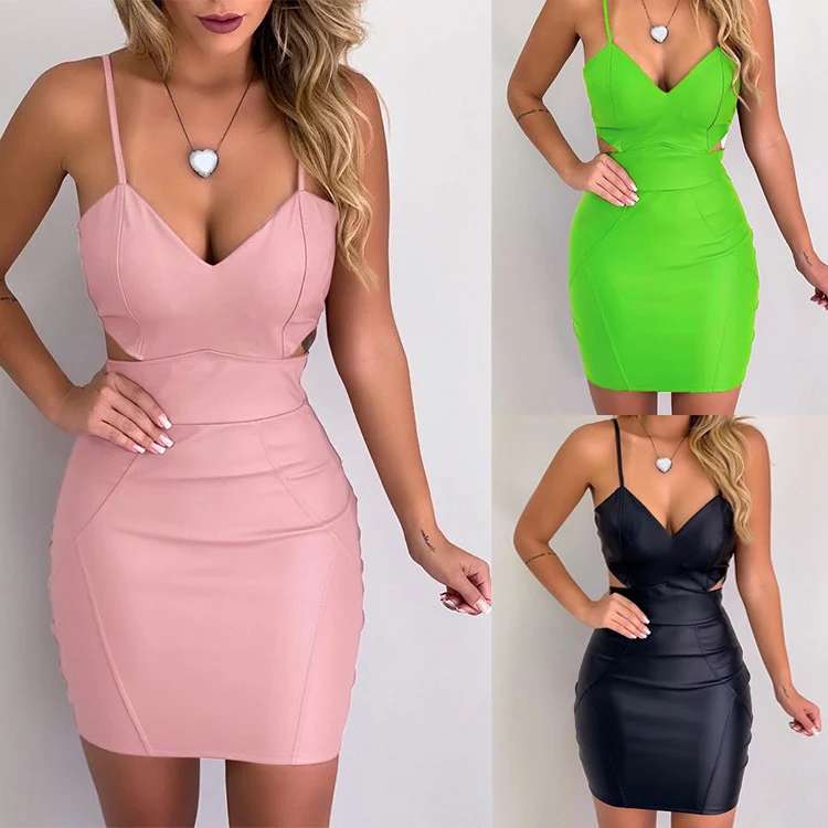 

Women Sexy Body Dress Slim Fit Suspender Leather V Neck Low Cut Dress, Customized color