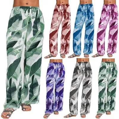 

F41319A Europe and the United States summer leaf print loose women's pants & trouser plus size women's pants& trousers, Customized color