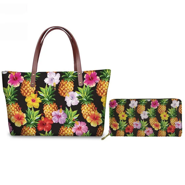 

Tropical Style 2pcs Women Handbags&Wallets Pineapple Hibiscus Print Travel Storage Bags Shoulder Bag Female PU Purse