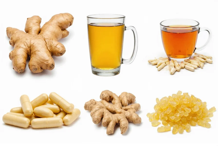 Different forms of ginger consumption including fresh root, tea, capsules, and crystallized ginger