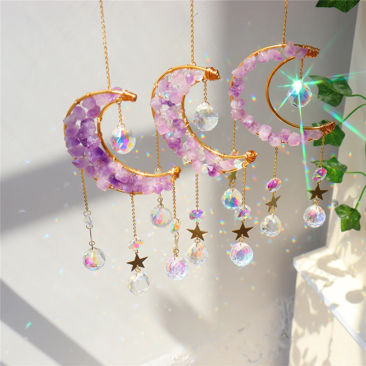 

Wall Art Gold Moon Sun Catcher With Raw Crystal Quartz Stone Hanging Ball Window Prism Home Decoration And Garden