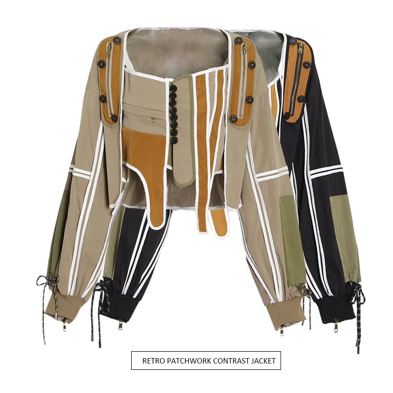 

Designer Vintage 2 Piece Jacket Coat For Women Patchwork Contrast Color Cool Jackets And Tank Top