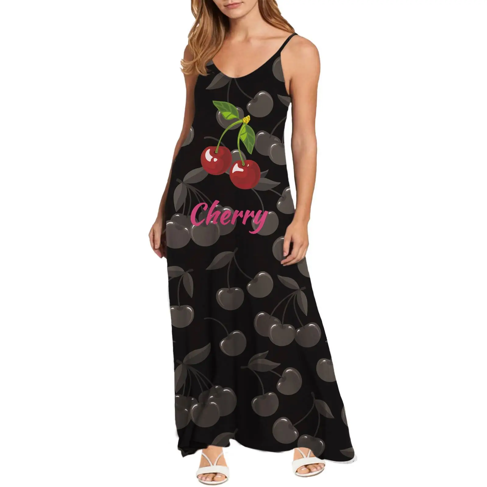 

Gray/Red Cherry Black Pattern Women Dress 2021 Summer Maxi Dresses Women Sexy Spaghetti Strap Casual Dress Summer Women Wear, Customized color