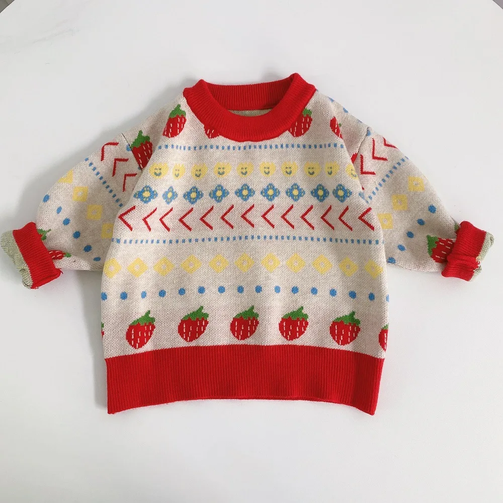

MK2404085 autumn new arrival infant baby kids sweaters red strawberry knitted toddler warm shirts child girls wholesale
