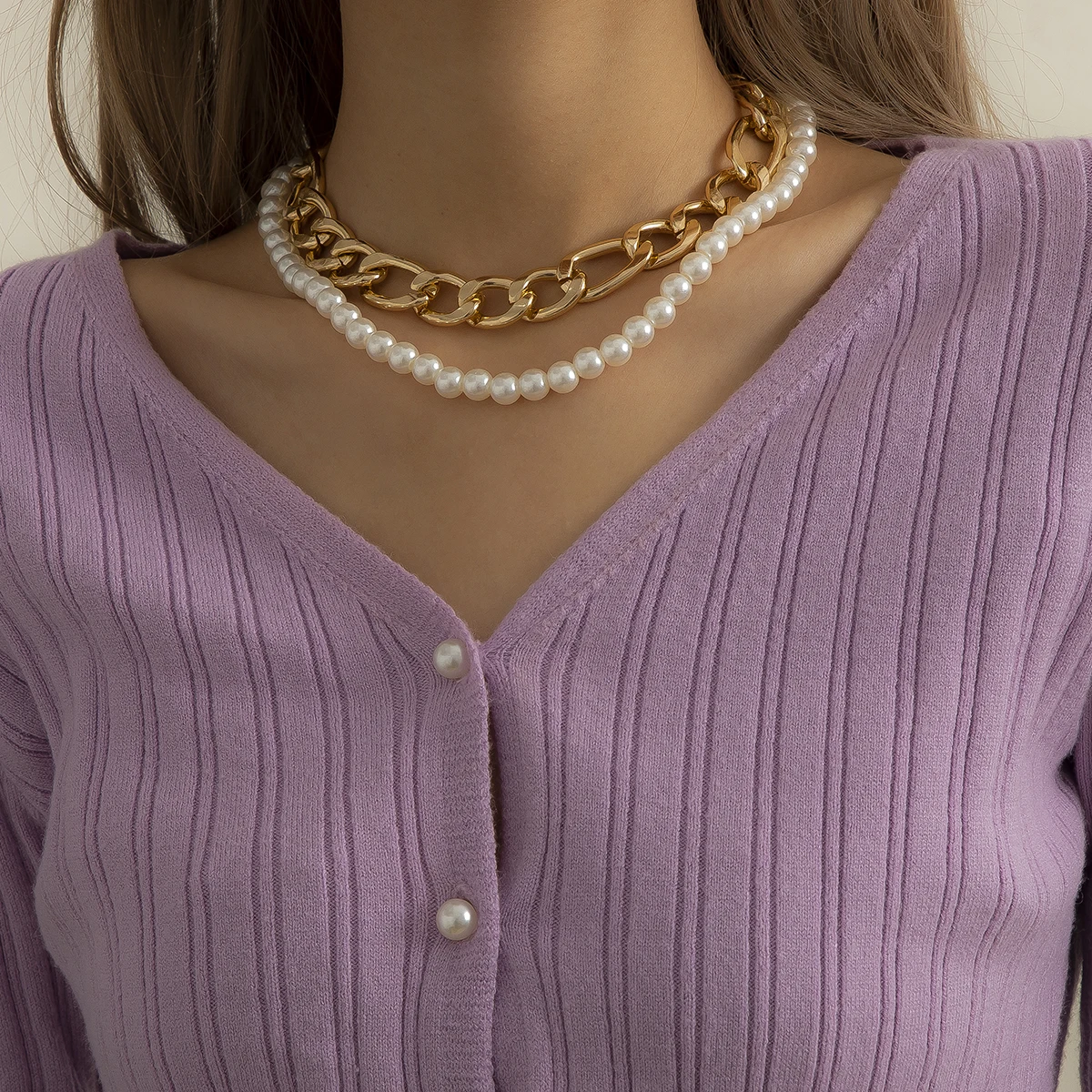 

SHIXIN Iced Out White Pearl Necklace Chunky Link Chain Beaded Necklaces Adjustable Gold Silver Necklace for Women