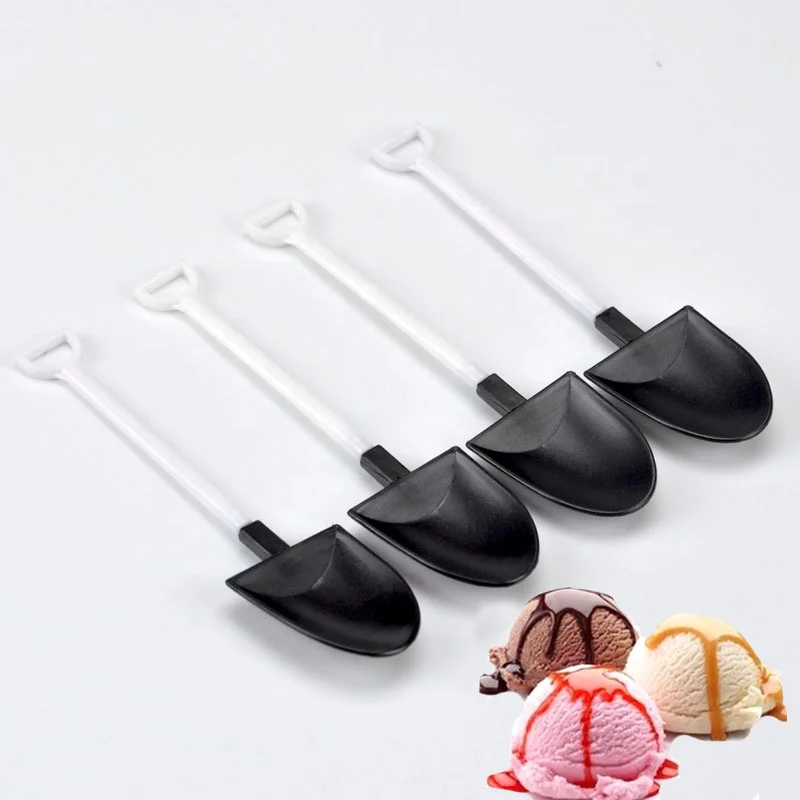 

50pcs/bag Plastic Disposable Mini Shovel Spoon Potted Ice Cream Cake Spoon for Kids Dessert Tea Coffee Spoons Party Supplies, Spoon black, handle white