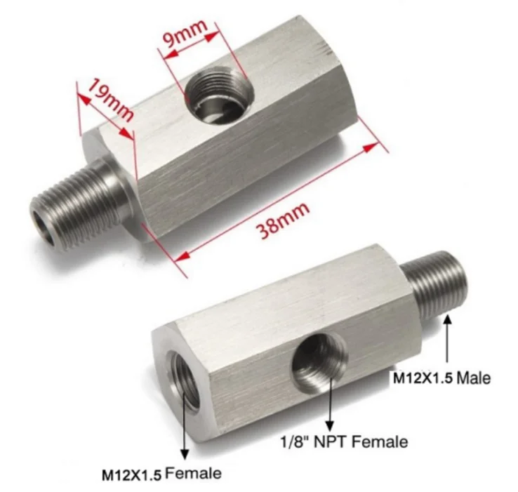

Fuel Pressure Sensor Tee adapter-M12*1.5 male female /1/8"NPT side hole turbo pressure sensors thread connector