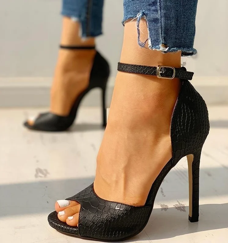 

2022 Spring Summer New Fashion Ladies Leather Heeled Sandals Women Sexy Snake Pattern Stiletto Fish Mouth High Heel Sandals, As pictures