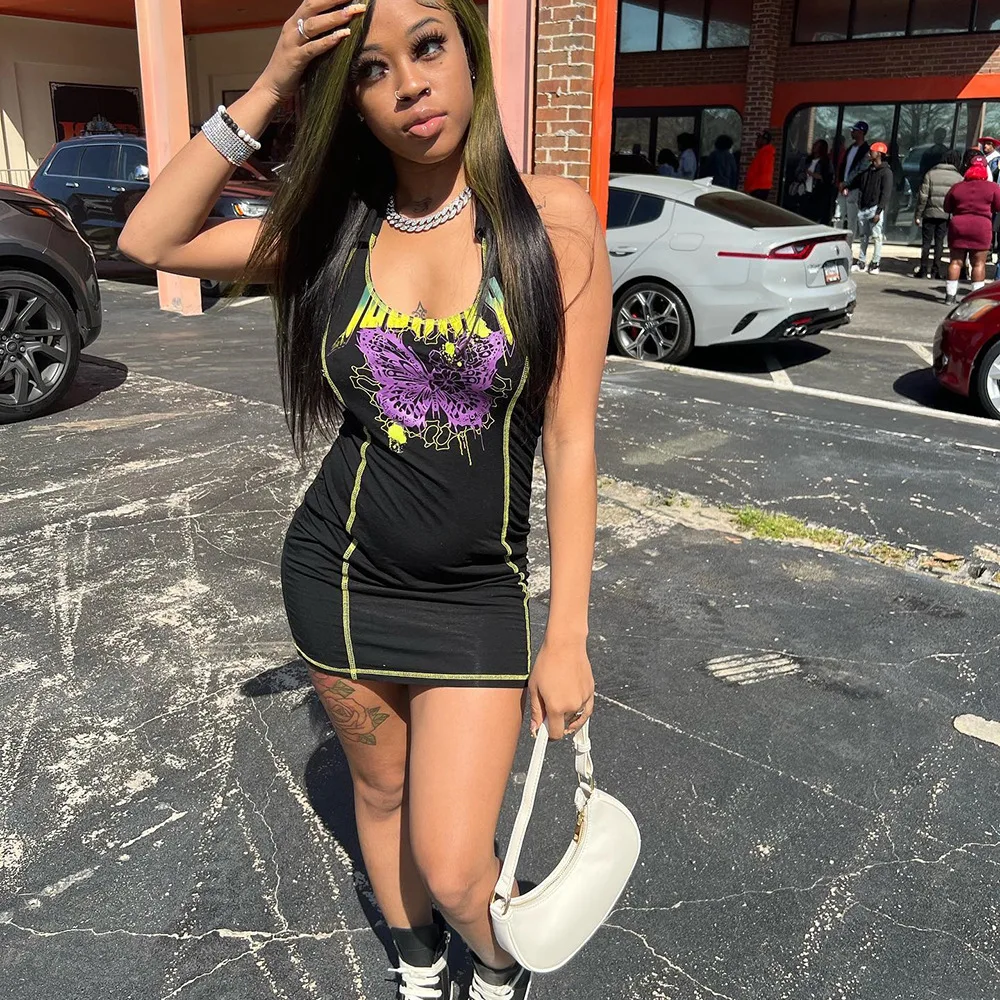 

Printed Fitted Panel Halter Neck Sleeveless Slim Hip Dress For Ladies New Fashion 2022