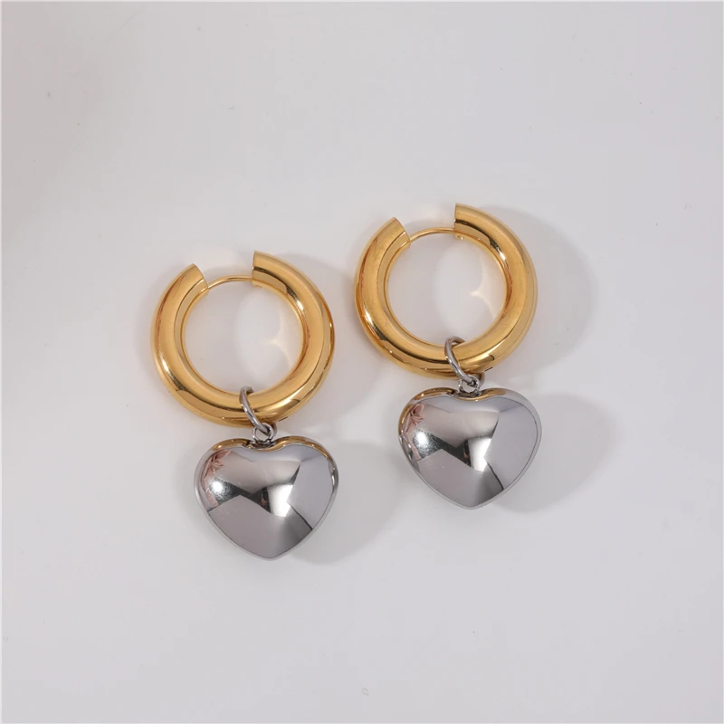 18K Gold Plated PVD Chunky Gold & Silver Heart Stainless Steel  Earrings Trendy Gold Waterproof Jewelry