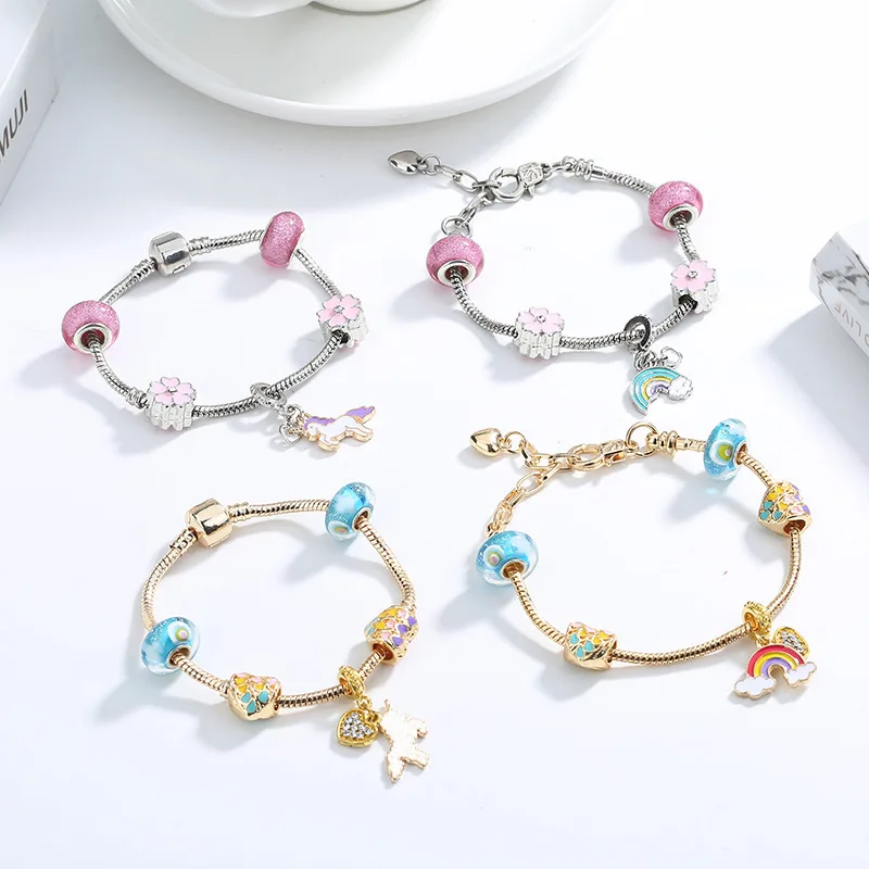 

HOVANCI kids jewelry diy rainbow pendant bracelet designer kids snake chain bracelet littel girl charm bracelet, As picture