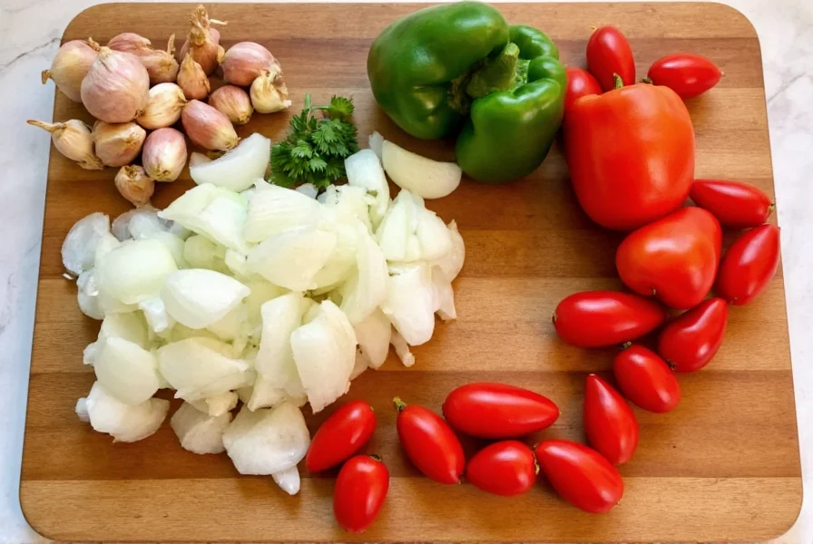 Traditional sofrito ingredients including onions, garlic, bell peppers, and tomatoes arranged on a wooden cutting board
