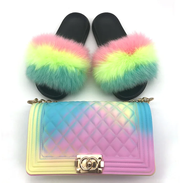 

2021 Newest Sandals Rainbow Colored Shoes Cute Fur Slippers Travel Color Women Shoes Jelly Bag Set, 12 colors