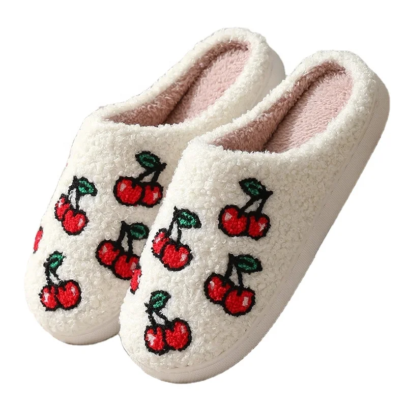 

2023 New Design Cute Cherry Home Slippers For Ladies Warm Cute Flat Ladies fuzzy red heart Pattern Indoor Slippers for women