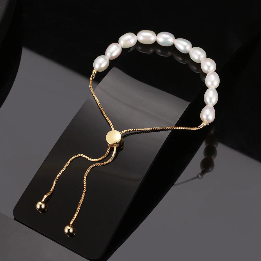 RINNTIN Natural Pearl Bracelet 14K Gold Plated 925 Sterling Silver Charm Freshwater Pearl Beads Bracelets Set Women's Jewelry