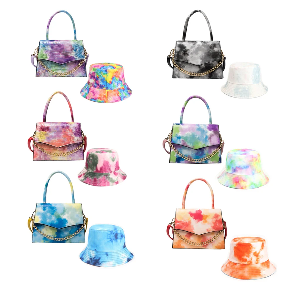 

2021 Fashion Tie-dye Shoulder Purse and hat set Crossbody Ladies Handbags Matching hat Women hand bags, 7 colors