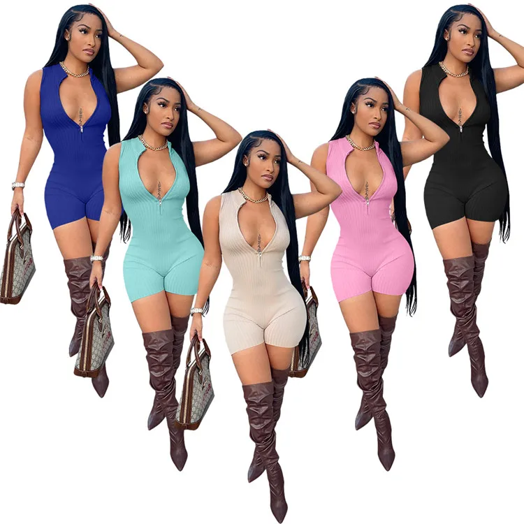 

2022 New Lady Bodycon Jumpsuits Sleeveless Ribbed Zipper Spring Women One Piece Short Rompers