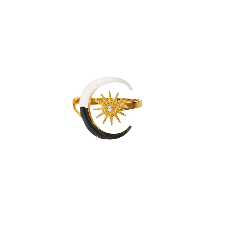 Middle East Black And White Dripping Moon Star Stainless Steel Plated 18k Gold Ring For Women