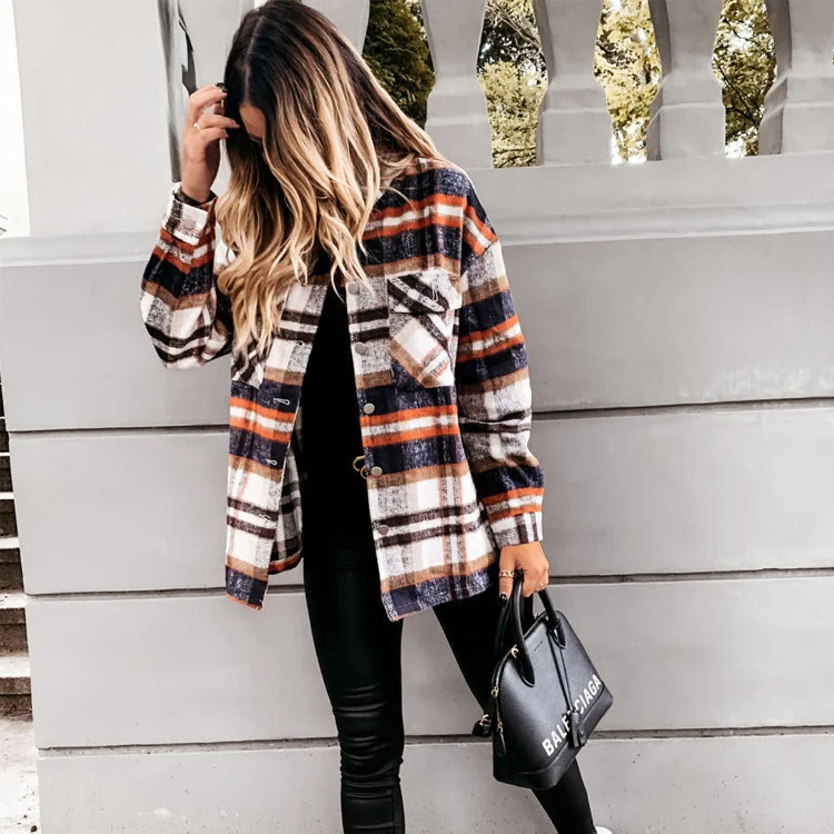 

2021 Winter Best Selling Fashionable Woolen Plaid Shacket For Women