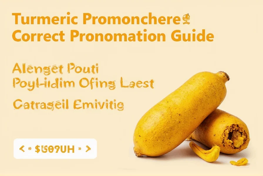 Close-up of turmeric root with phonetic pronunciation guide overlay