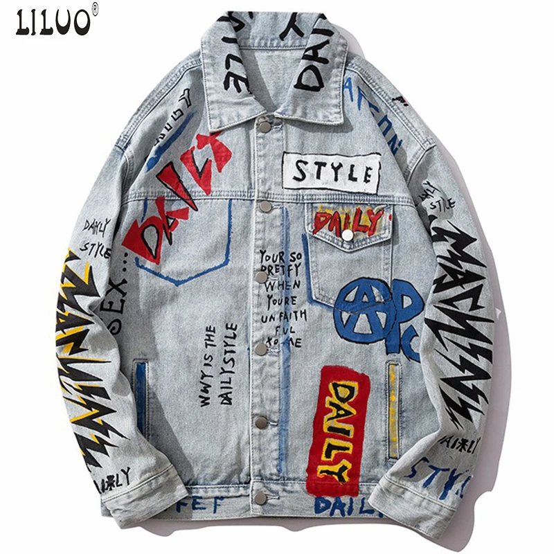 

Liluo Men Hip Hop Jacket Streetwear Loose Denim Jacket Graffiti Harajuku Oversize Letter Graffiti Denim Jacket Coat Street Wear, Dark blue