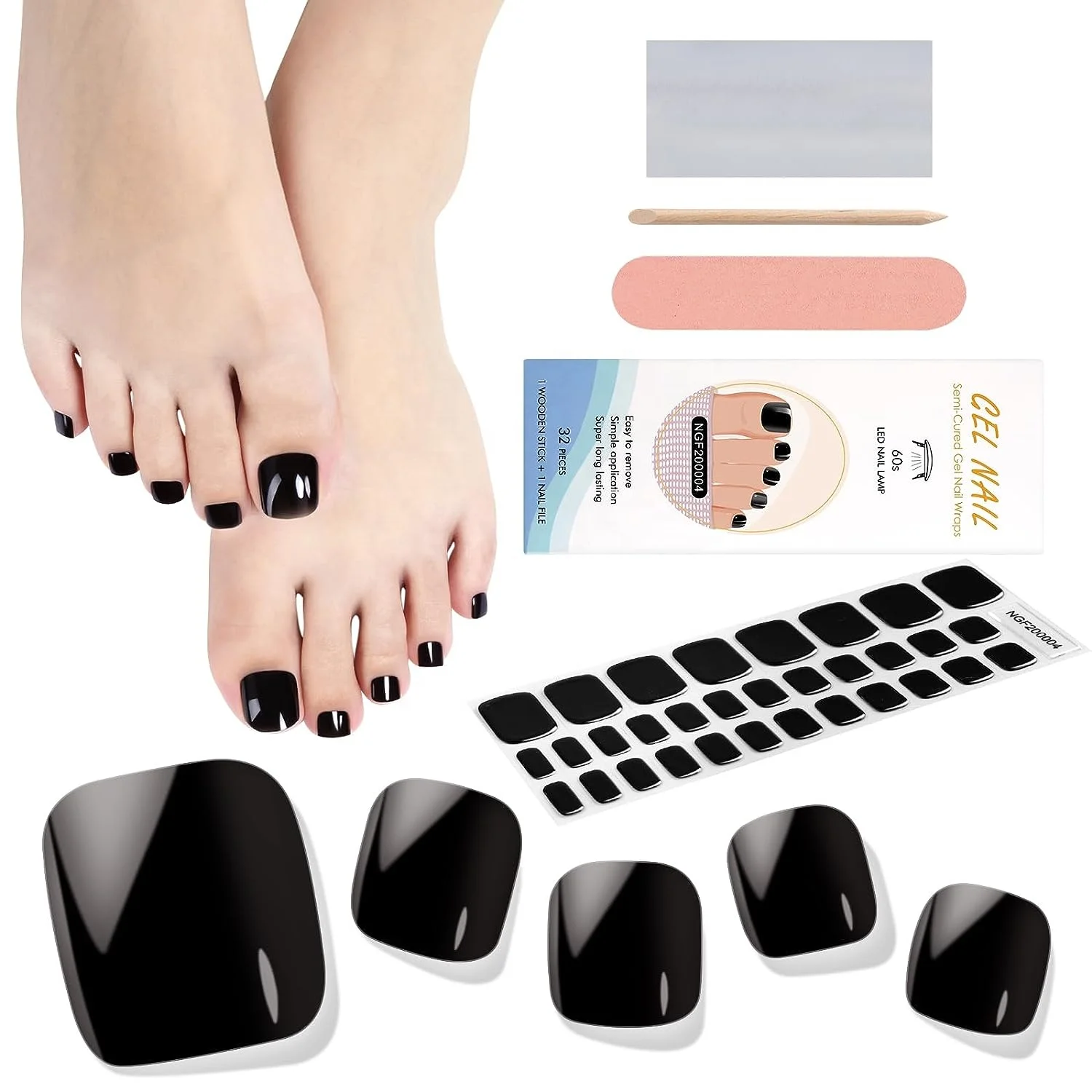 

Semi Cured Gel Toenail Strips Black Toenail Stickers Pedicure Strips Long Lasting Salon Quality Nail Wraps