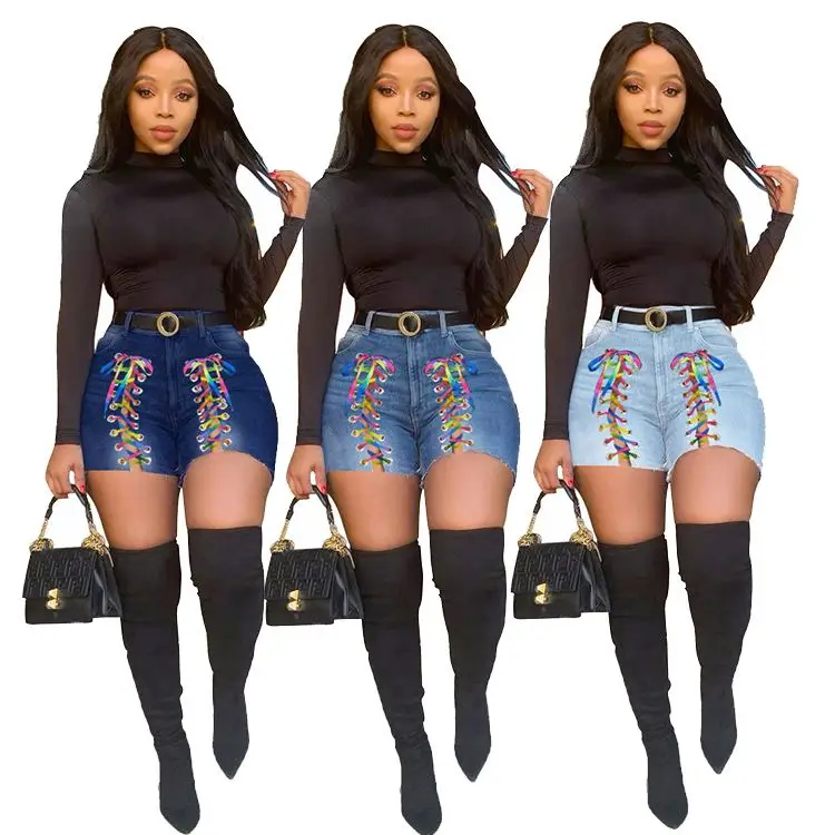 

LXE Latest Design Women Jeans 2021 High elastic Washed Colorful Bandage Short Jeans Women Denim Pants