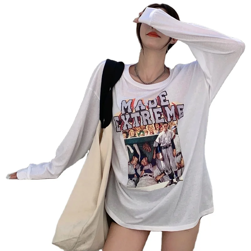 

2021 Women's Clothing T-Shirts Korean Version of Creative Printing Loose Slim Slimming Long Sleeves Thin Fashion Tees Autumn New