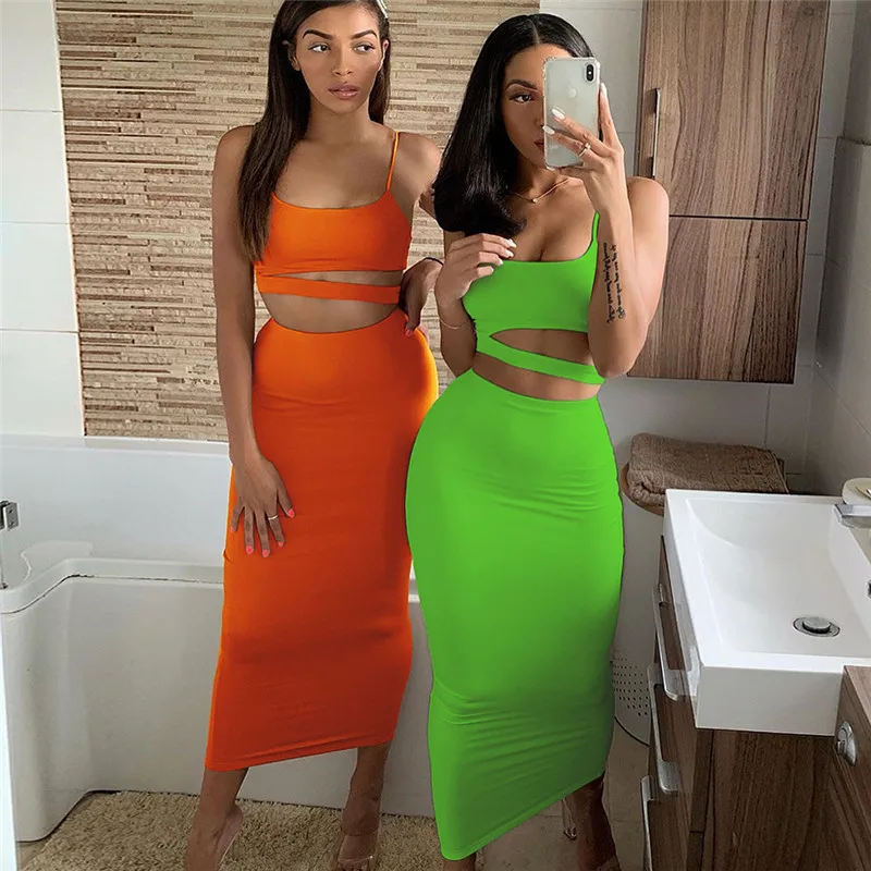 

S1734802 women solid color strapless hollow out crop top high waist elastic skinny long skirts 2pieces set female fashion outfit