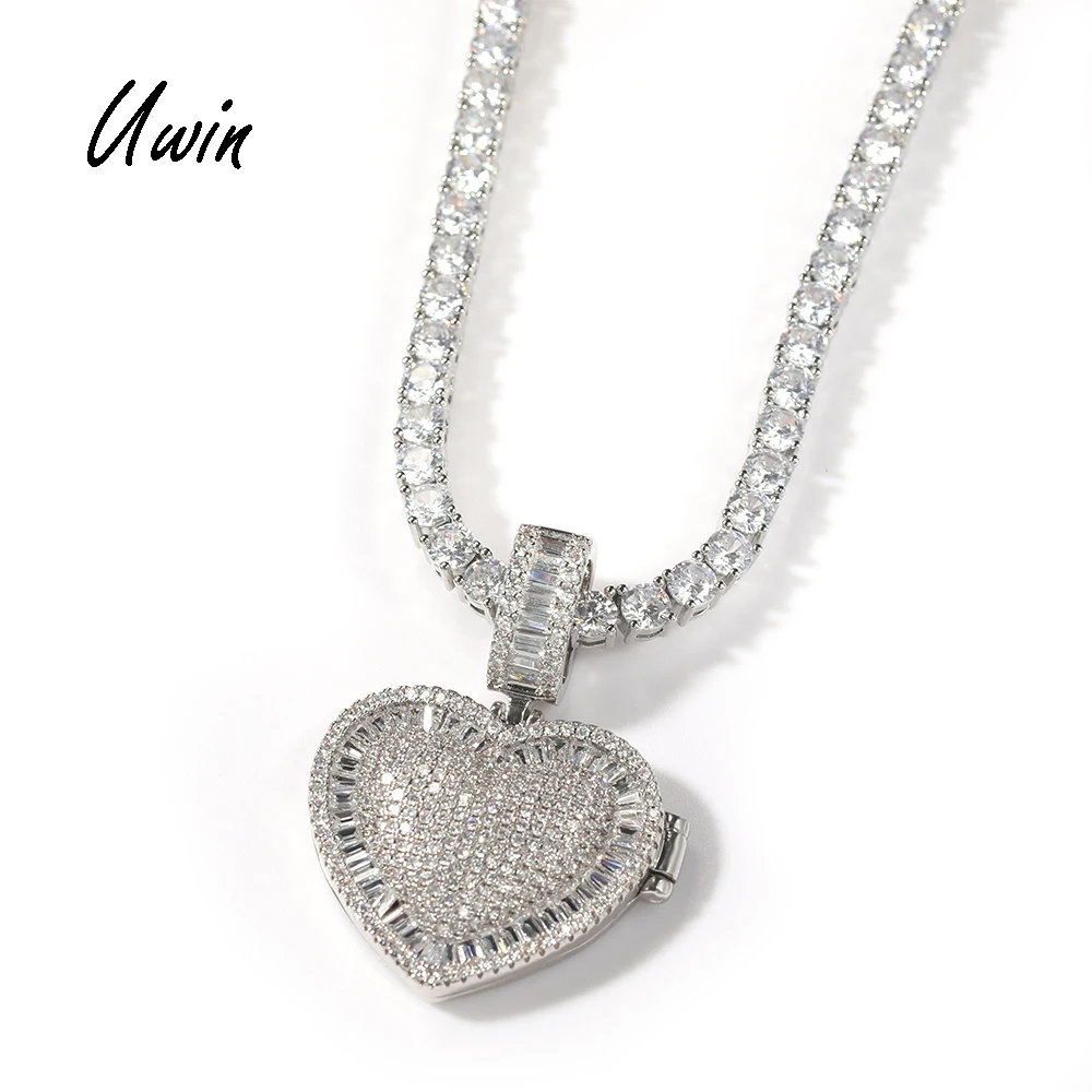 

18K Gold Plated Baguette CZ Heart Shape Locket Picture Pendant Heart Box Photo Pendant Necklace