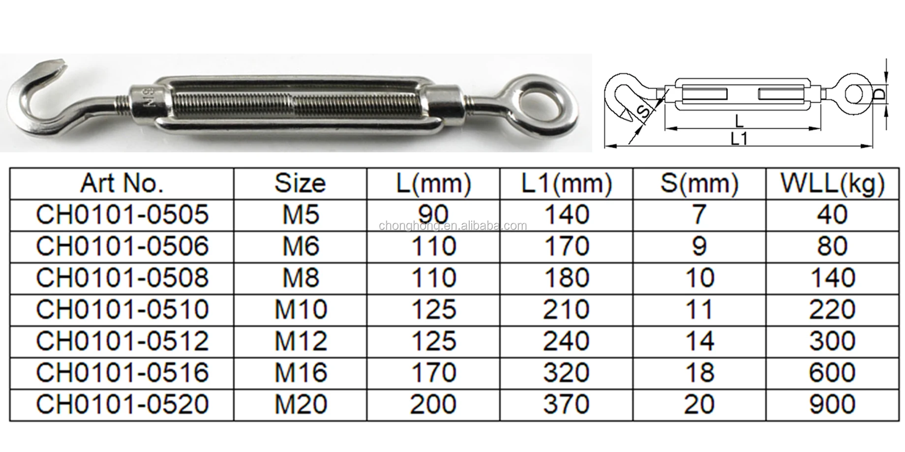 M10 Din1480 Open Body Cable Turnbuckle Stainless Steel Aisi304/316 Hook
