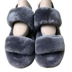 Free Shipping Wholesale Logo Custom Oh Year Fluff With Box Ugghing Fuzzy Real Fur Double Straps Furry Slippers Slides For Womens