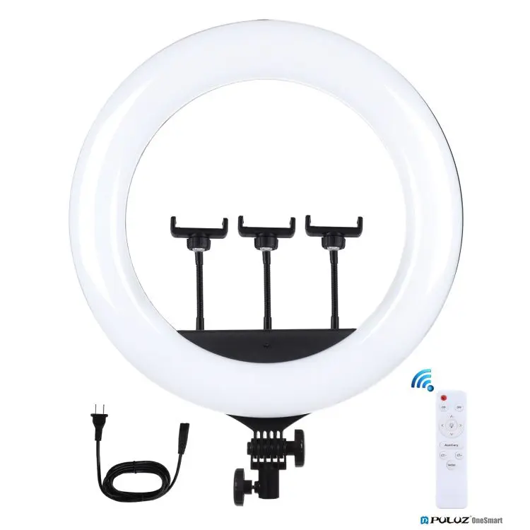 

PULUZ live stream accessories 18 inch Dimmable webcasting rechargeable gloue led selfie ring light circle with 3 cellphone clamp