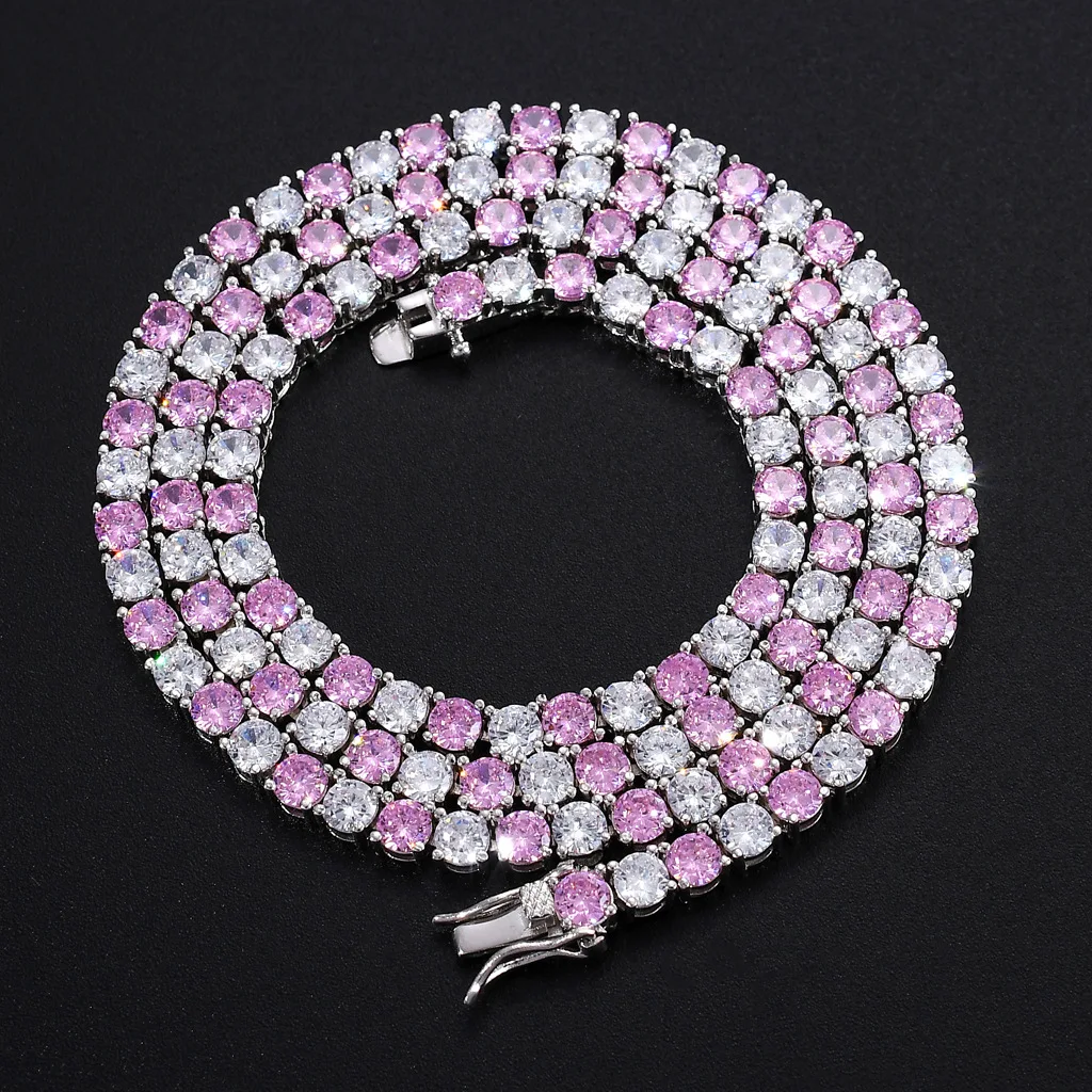 

Fashion Hiphop Jewelry 4MM Width One Row Iced Out Pink&Crystal CZ Diamond Tennis Chain Necklace Link Chain Jewelry Mens Collier, White gold