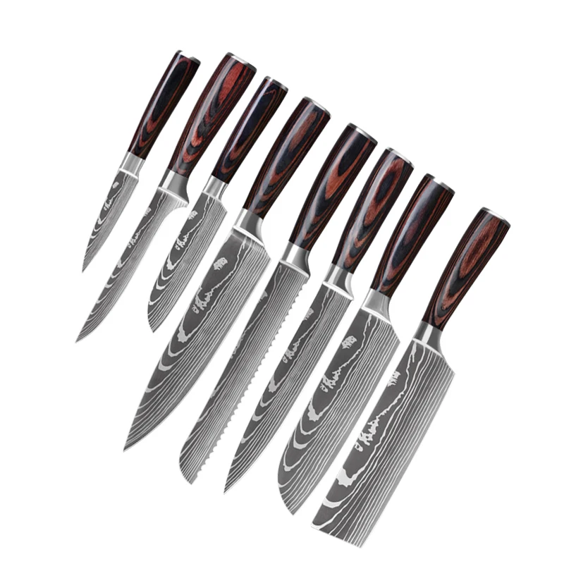 

Kitchen Gifts Stainless Steel Blades Damascus Laser Chef Knife Sets Santoku Utility Paring Cooking Tools 8pcs kitchen knife set