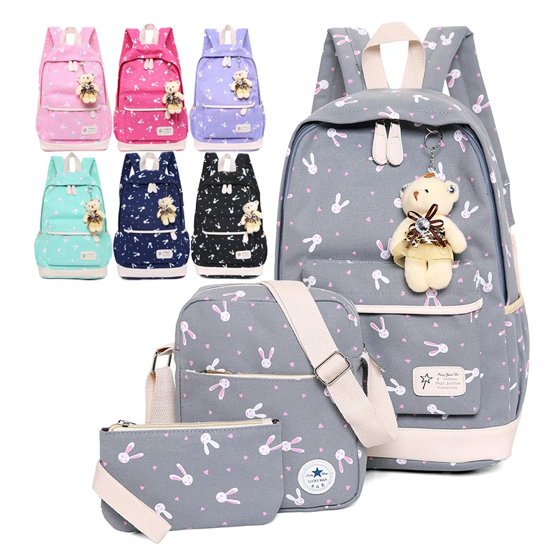 

Factory direct sale eco-friendly smell free custom OEM colorful canvas girl lady school laptop 3 pcs in 1 backpack set, Black, blue, gray, green, red, pink, purple or custom
