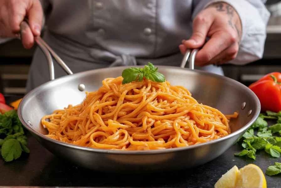 Professional chef preparing creamy red pepper pasta in stainless steel skillet with fresh ingredients