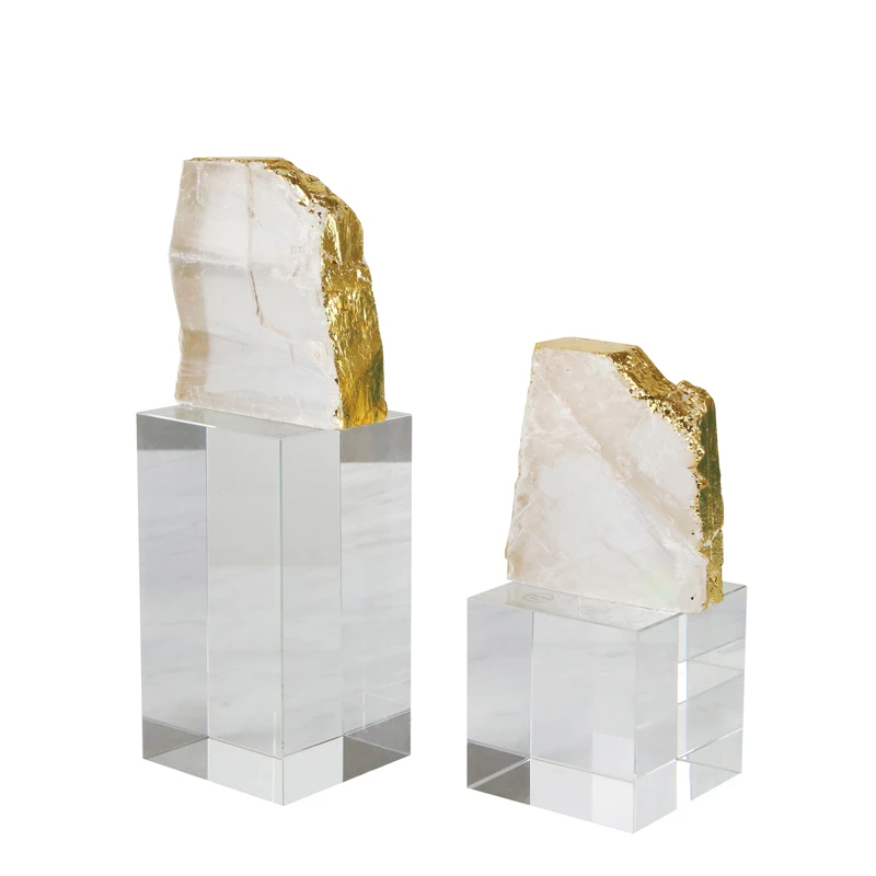 

Natural Decorations Home Luxury Gold Crystal Base Decorative Quartz Stone Show Piece, White&gold