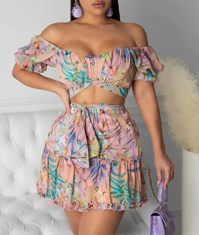 

FJ1234  summer 2021 fashion skirt 2 piece outfit casual printing short sleeve skirt two piece set women clothing